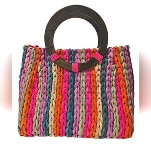 Woven Corn husk rainbow tote bag with wooden circle handles. NWOT